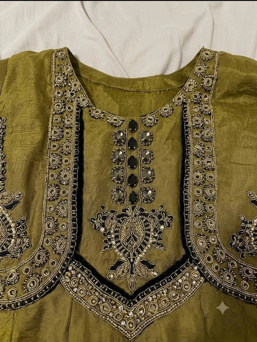 Olive Green Embellished Anarkali Kurta & Trouser Set