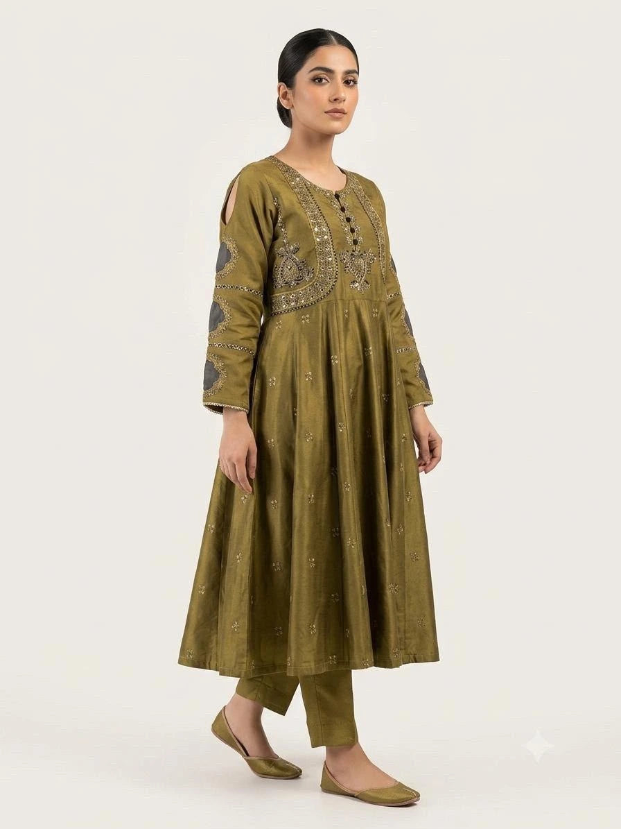 Olive Green Embellished Anarkali Kurta & Trouser Set