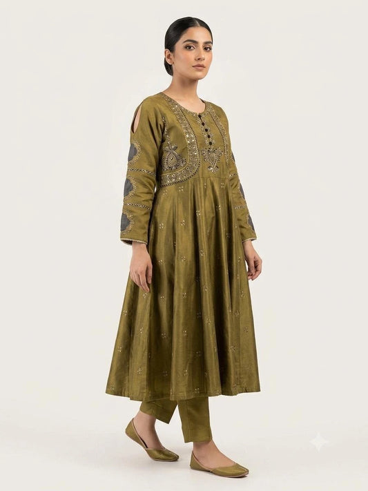 Olive Green Embellished Anarkali Kurta & Trouser Set