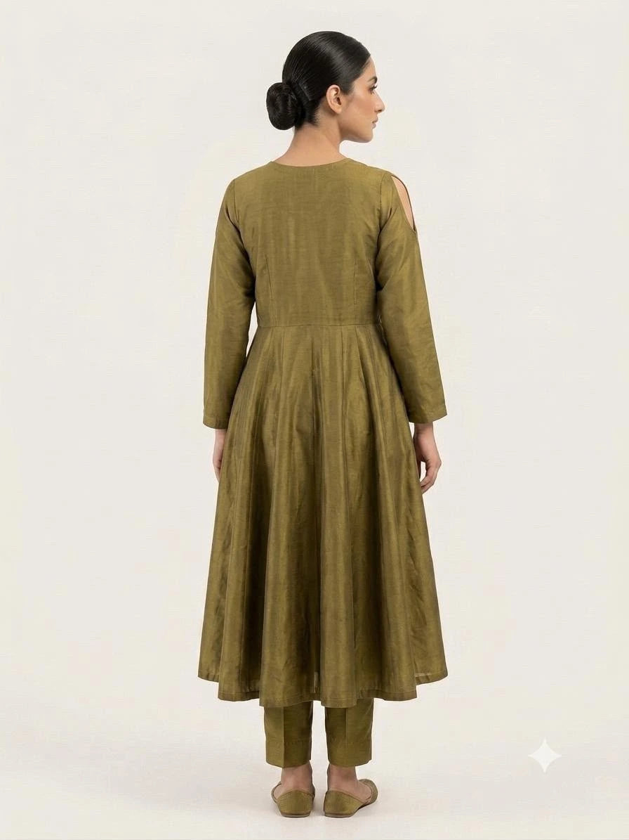 Olive Green Embellished Anarkali Kurta & Trouser Set