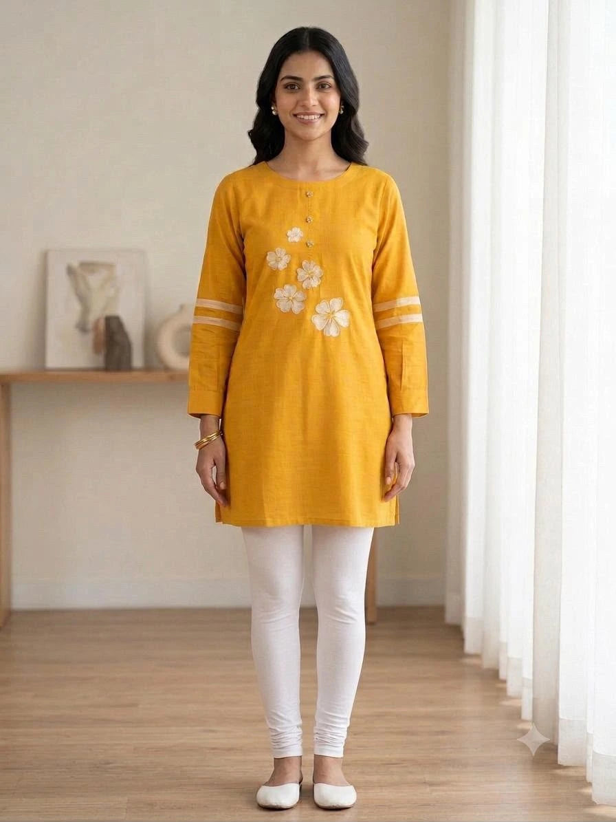 Vibrant Yellow Floral Embroidered Kurti Set