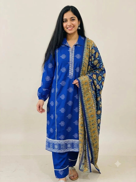 Royal Blue Printed Cotton Kurta Set with Dupatta