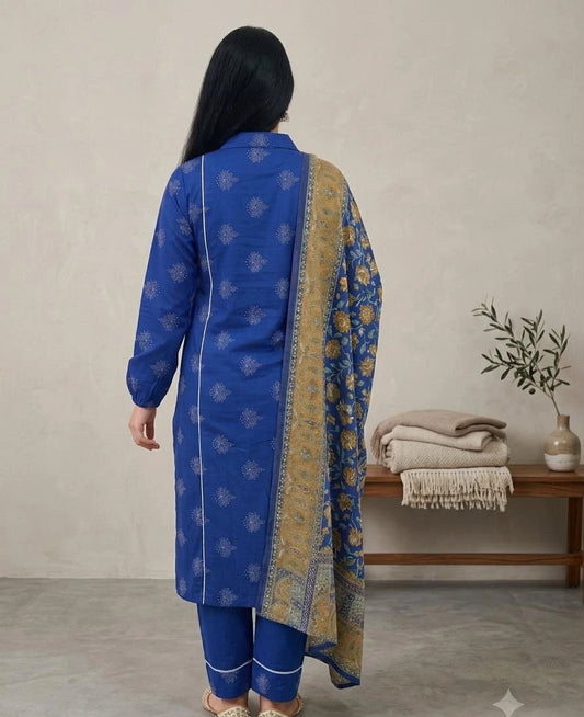 Royal Blue Printed Cotton Kurta Set with Dupatta