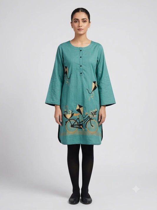 Teal Green Bicycle & Kite Embroidered Kurti Set