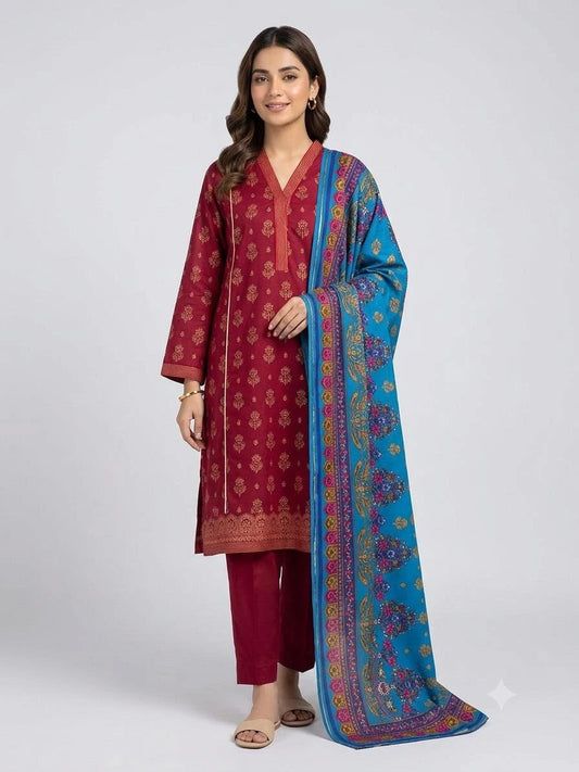 Maroon &amp; Gold Printed Cotton Kurta Set with Teal Dupatta
