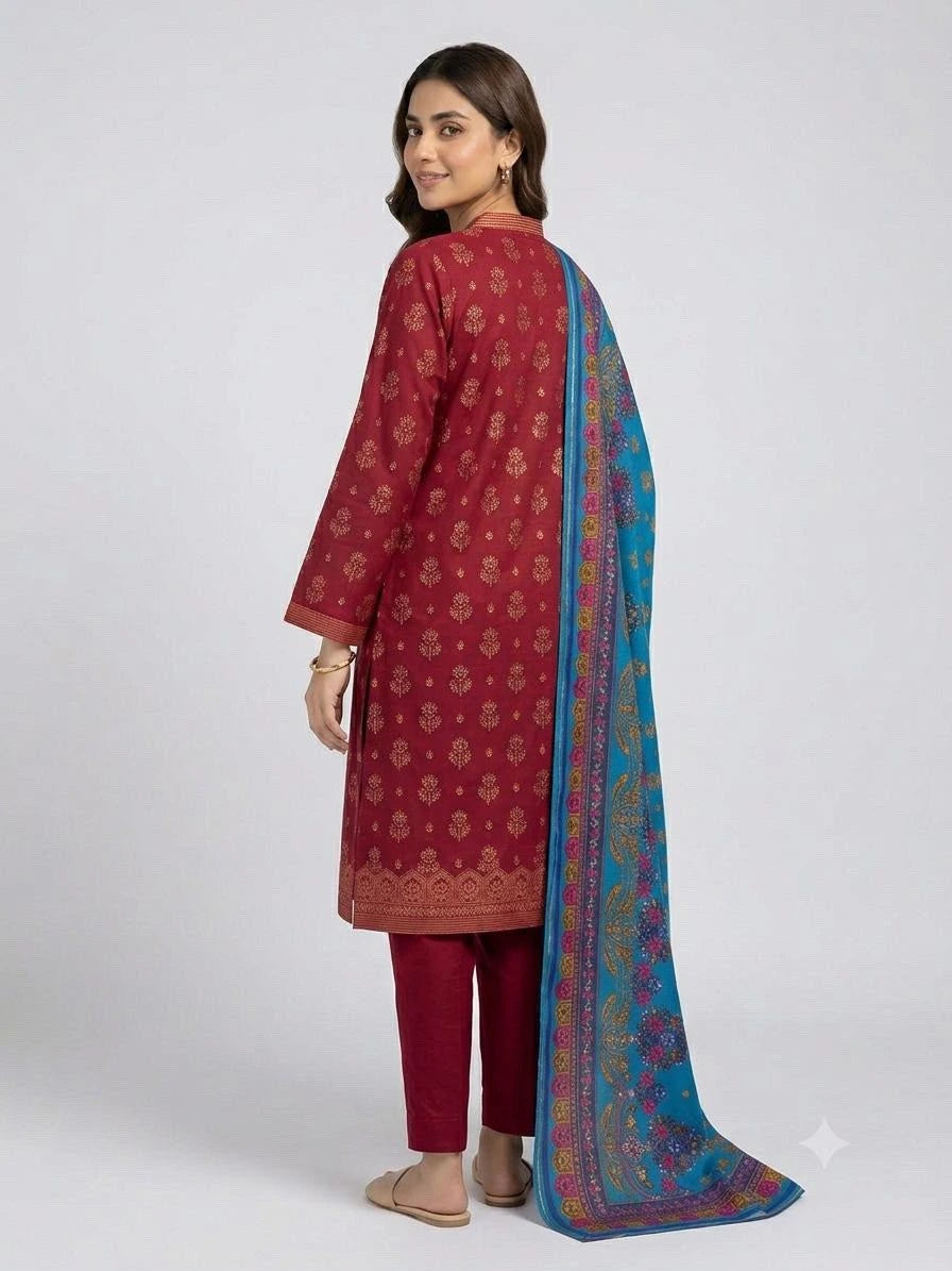 Maroon &amp; Gold Printed Cotton Kurta Set with Teal Dupatta