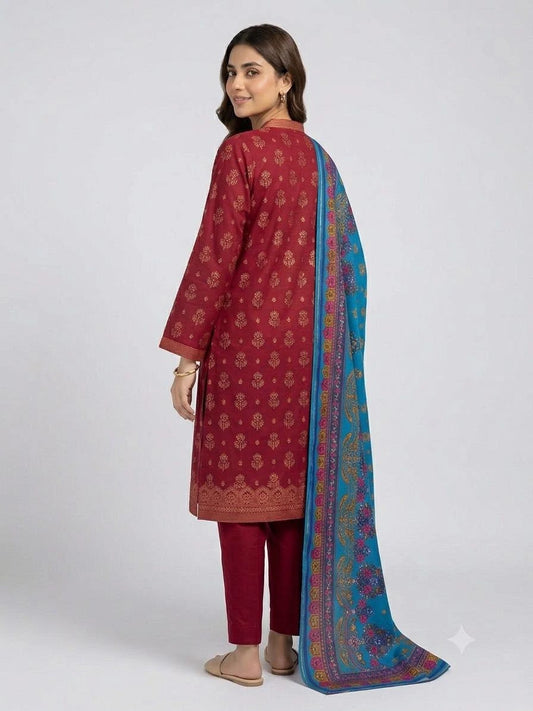 Maroon &amp; Gold Printed Cotton Kurta Set with Teal Dupatta