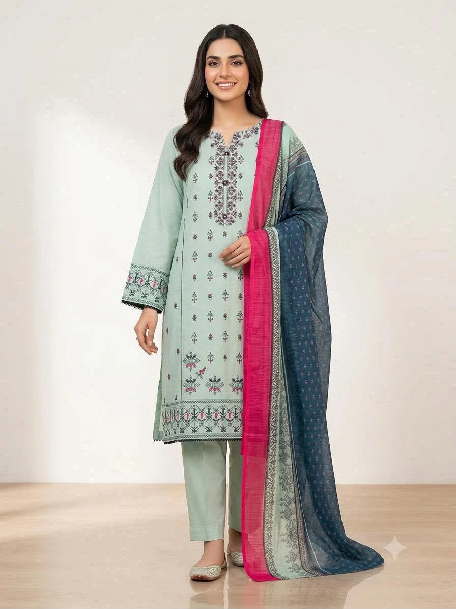 Mint Green Embroidered Cotton Kurta Set with Printed Dupatta