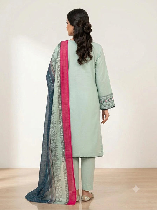 Mint Green Embroidered Cotton Kurta Set with Printed Dupatta
