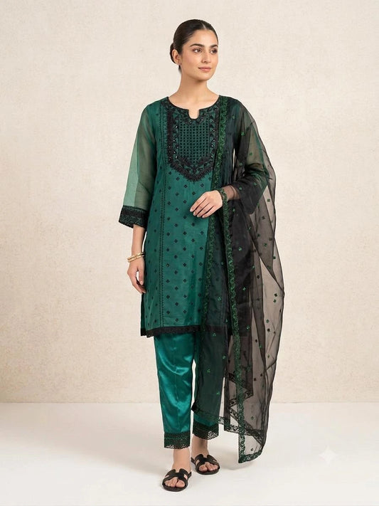 Emerald Green Embroidered Raw Silk Kurta Set with Black Organza Dupatta